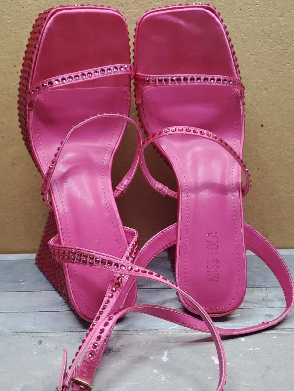 Miss Lola Asking For Drama Rhinestone-embellished Hot Pink Satin Block Heels